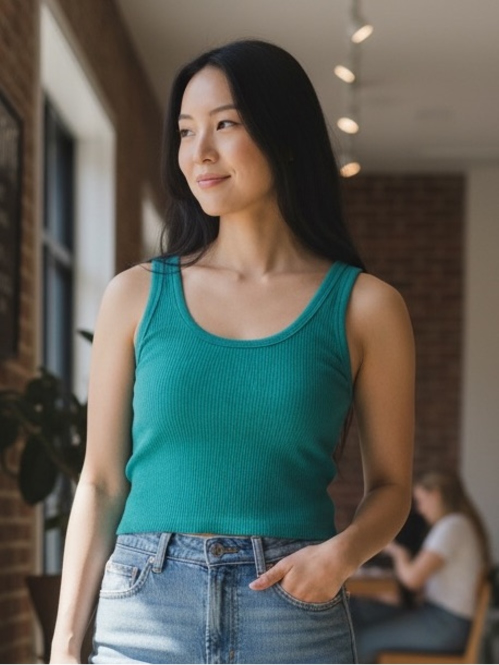 Mono B Ribbed Scoop Tank in Teal Green